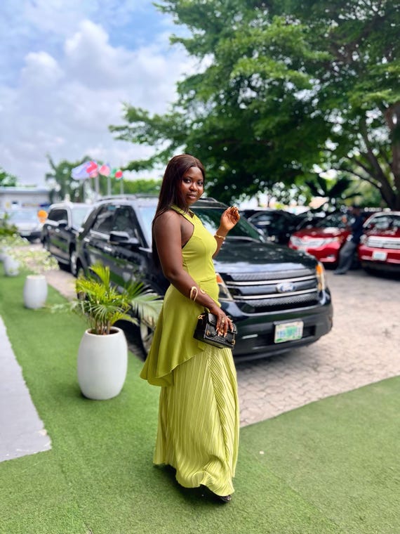 Lime Green Maxi Dress: Sleeveless Pleated Summer Afrocentric Occasion Wear