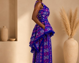 Handwoven Akwete Fabric Two Piece Set Geometric Print Wide Leg Trousers and Top for women African print summer dress inspiration gift ñ