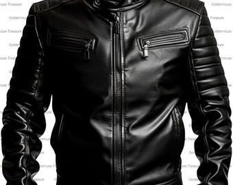 Genuine Leather Jacket Men - Black Biker Style with Ribbed Sleeves - Classic Motorcycle Jacket - Handcrafted Quality Outerwear