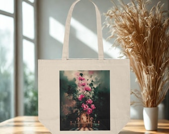 Vintage Floral Art Tote Bag - Gothic Garden Aesthetic Bag - Pink Peony Flower Print - Dark Academia Tote - Boho Nature Canvas Bag