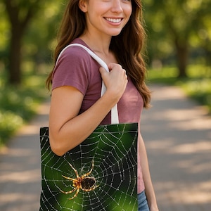 Spider Web Tote Bag | Nature Inspired Eco Bag with Creepy Crawly Spider Print | Reusable Halloween Gift | Gothic Aesthetic Shopper Bag