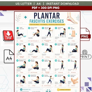 May include: A digital chart titled Plantar Fasciitis Exercises featuring twenty numbered illustrations of physical therapy movements for heel pain relief. The guide includes text instructions, repetition counts, and anatomical diagrams of the foot.
