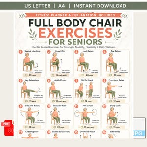 May include: A fitness planner with chair exercises for seniors. The poster includes 16 exercises with illustrations, such as seated marching, knee lifts, heel raises, and toe raises. The text at the top reads "FULL BODY CHAIR EXERCISES FOR SENIORS".