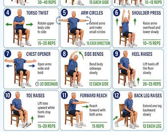 Esercizi da seduti per uomini anziani (PDF stampabile), tabella di esercizi per tutto il corpo da fare seduti, routine di fitness leggera da fare a casa per uomini anziani e adulti.