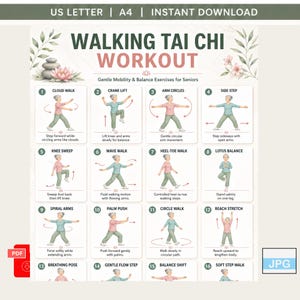 Pode incluir: Um pôster imprimível intitulado "Walking Tai Chi Workout" com 16 exercícios ilustrados para idosos. O pôster inclui instruções para cada exercício, como Cloud Walk, Crane Lift e Arm Circles. O pôster foi projetado para download instantâneo.