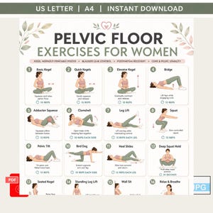 Pode incluir: Um poster imprimível com 16 exercícios para o pavimento pélvico para mulheres, incluindo Kegel básico e Kegels rápidos. O poster foi concebido para exercícios de Kegel, controlo de perdas de bexiga, recuperação pós-parto e estabilidade do core.
