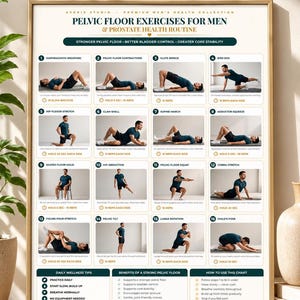 Può includere: Un poster digitale intitolato Pelvic Floor Exercises for Men & Prostate Health Routine, che presenta sedici fotografie numerate di vari esercizi fisici, insieme a consigli per il benessere quotidiano e benefici per la salute elencati in basso.
