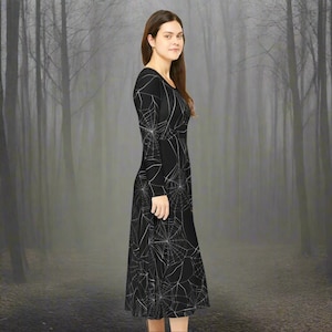 Gothic Spiderweb Dance Dress, Halloween Costume, Women&#39;s Gothic Dress, Long Sleeve Dress, Witch Dress, Spiderweb Costume