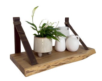 Eiche Regal, Massivholz Lederriemen, Boho Wand Dekor