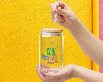 Vaso de vidrio Cool Moms Club: 16 oz para café helado con tapa y pajita, un lindo regalo para el Día de la Madre.