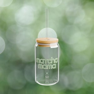Matcha Mama Iced Coffee Glass - 16oz Glass Cup with Lid & Straw, Matcha Lover Gift, Aesthetic Tumbler