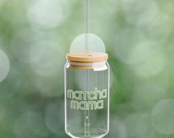 Matcha Mama Iced Coffee Glass - 16oz Glass Cup with Lid & Straw, Matcha Lover Gift, Aesthetic Tumbler