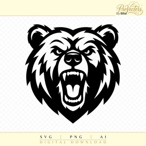 May include: A black and white graphic illustration of a snarling bear head with sharp teeth, pointed ears, and aggressive facial features. The design is presented as a digital file with the text ProVectors By Bilal and SVG PNG AI Digital Download.