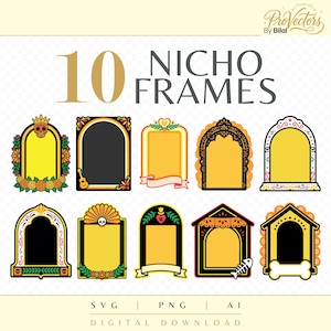 May include: A digital collection of 10 Nicho frames featuring diverse arched designs in yellow, black, and orange. The set includes decorative elements like skulls, flowers, a guitar, and a fish bone, labeled as 10 NICHO FRAMES with SVG, PNG, and AI file formats.