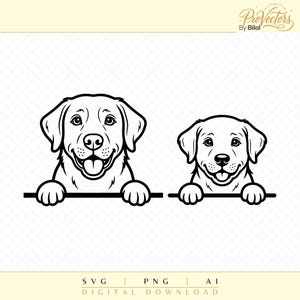 May include: A black and white digital graphic illustration featuring two Labrador retriever dogs of different sizes, both depicted with their front paws resting on a horizontal line, smiling with their tongues visible, and facing forward.