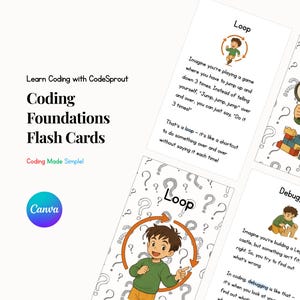 Könnte beinhalten: Ein Satz farbenfroher Lernkarten mit Illustrationen und Text, die Programmierkonzepte wie Schleifen und Debugging erklären. Die Karten zeigen eine Comicfigur und sollen beim Erlernen der Grundlagen des Programmierens helfen.