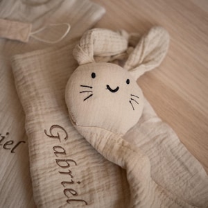 Personalized cotton gauze rabbit comforter, birth gift, baby