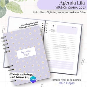 Puede incluir: Una agenda diaria 2027 de espiral con una cubierta de color violeta claro y un patrón de margaritas blancas. La cubierta incluye una etiqueta central que dice Agenda 2027. La página abierta muestra un diseño diario con líneas para notas.