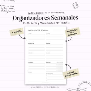 Puede incluir: Un planificador semanal blanco con el título "Organizadores Semanales". El planificador incluye secciones para cada día de la semana, hábitos y prioridades. Disponible en tamaños A4, A5, Carta y Media Carta, es un archivo PDF editable.