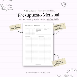 Puede incluir: Un planificador de presupuesto mensual imprimible en blanco con el título "Presupuesto Mensual" en negro. El planificador incluye secciones para gastos fijos y otros, con el texto "Imprimible + PDF Rellenable" y "Acceso permanente".