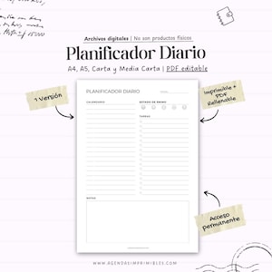 Puede incluir: Un planificador diario imprimible blanco con el título "Planificador Diario" en negro. El planificador incluye secciones para el calendario, el estado de ánimo, las tareas y las notas. El texto "A4, A5, Carta y Media Carta | PDF editable" es visible.