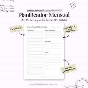 Puede incluir: Planificador mensual imprimible en blanco con el título "Planificador Mensual". Incluye secciones para calendario, fechas importantes, prioridades, tareas y notas. Disponible en tamaños A4, A5 y carta, y es editable en PDF.