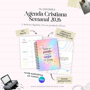 Puede incluir: Una agenda cristiana semanal para 2026 con encuadernación en espiral. La portada presenta un diseño de arcoíris pastel con el texto "Todo es posible cuando confio en Dios." Incluye 147 páginas, editable en Canva y lista para imprimir en tamaños A4 y A5.