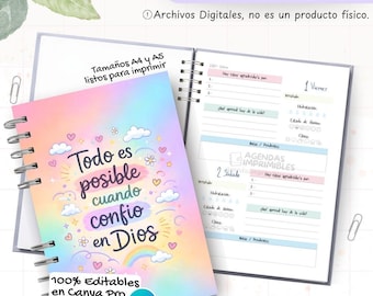 Könnte beinhalten: Ein spiralgebundener Planer mit einem pastellfarbenen Regenbogen-Cover, das den Text 'Todo es posible cuando confio en Dios' umgeben von Wolken, Herzen und einem Regenbogen zeigt. Die offenen Innenseiten zeigen tägliche Planungsabschnitte.