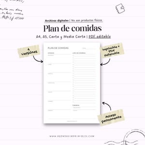 Puede incluir: Un planificador de comidas blanco con el título "Plan de comidas". El planificador incluye secciones para comidas, lista de compras y planificación financiera. Disponible en A4, A5 y otros tamaños, en formato PDF editable.