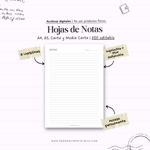 Puede incluir: Un bloc de notas blanco con líneas horizontales, etiquetado como "Notas". El texto "Hojas de Notas" está encima del bloc de notas, con texto adicional que indica que es un archivo digital y está disponible en A4, A5 y otros tamaños. Incluye el texto "8 Versiones", "Imprimible + PDF Rellenable" y "Acceso permanente".