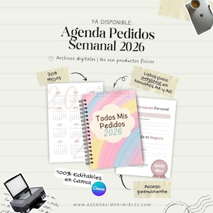 Archivo Digital - Agenda Pedidos 2026 PDF Imprimible | Planner Semanal de Clientes, Productos y Pagos, A5 y A4 Editable para Emprendedoras