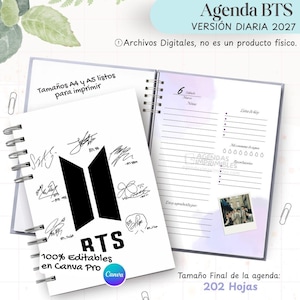 Puede incluir: Una plantilla de agenda diaria digital 2027 con portada blanca, logotipo BTS negro, firmas y el texto 'BTS'. La agenda abierta muestra una página diaria rayada con sección de fecha, lista de tareas, rastreador de agua y un espacio para fotos.