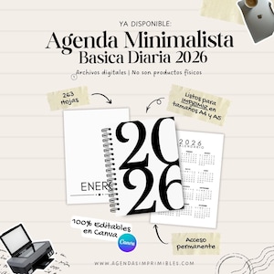 Puede incluir: Agenda diaria minimalista para 2026, con una libreta blanca con espiral y los números grandes "2026" en la portada. Incluye un calendario y el texto "100% Editables en Canva". Disponible en tamaños A4 y A5.