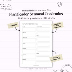 Puede incluir: Un planificador semanal imprimible en blanco con un diseño de cuadrícula para cada día de la semana, incluyendo secciones para prioridades, tareas y notas. El planificador se titula "Planificador Semanal Cuadrados" y está disponible en A4, A5, Carta y Media Carta.
