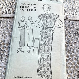 May include: A vintage sewing pattern for a dress with a floral print. The pattern is called "The New Excella Pattern" and is size 20. The pattern includes instructions for making a dress with a fitted bodice and a full skirt. The pattern is printed on a white background with black text.