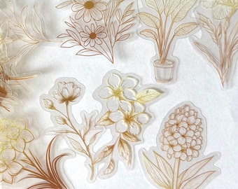 Elegant Gold Floral Clear Stickers, 30 Botanical Illustration Decals Scrapbooking Journaling, Planner, Craft Supplies, Floral Envelope Seals