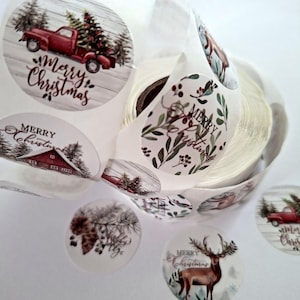 Rustic Christmas Stickers, Holiday Labels, Merry Christmas Packaging Stickers, Vintage Truck, Reindeer, Pine Cone, Festive Sealing Labels
