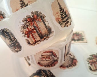 Christmas Sticker Roll, Vintage Christmas Decals, Holiday Labels, Santa Claus and Tree Stickers, Gift Packaging Stickers