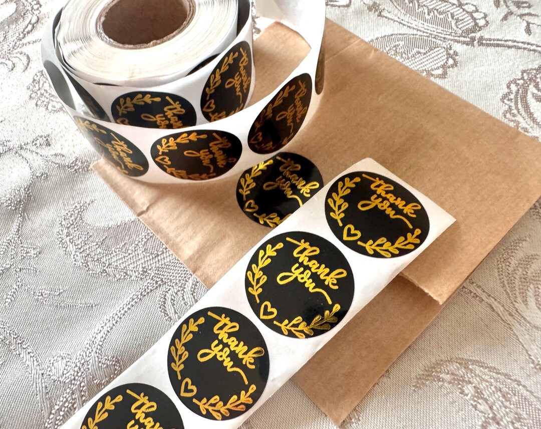 Elegant Black and Gold Thank You Stickers | Bulk Roll for Packaging ...