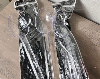 Juego de 2 cucharas de servir de plástico transparente (2 ranuradas y 2 sólidas), 12 pulgadas, vintage, 2001.