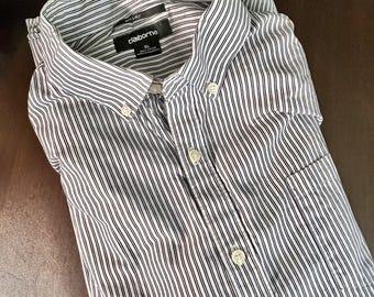 Vintage Y2K Claiborne Black White Stripe Button Shirt Men's XL 2-Ply 100% Cotton