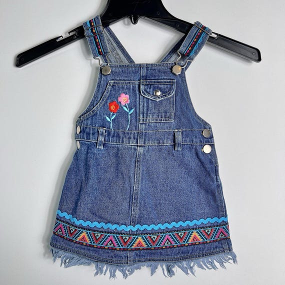 Toddler Girls Denim Jumper Dress Floral Embroidery Fringe Hem Aztec 2T -  Etsy