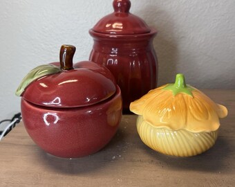 Vintage Ceramic Candle Jars Set of 3 Apple, Pumpkin Flower & Red Canister READ