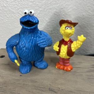 Vintage 1980s Sesame Street Figures Cookie Monster & Cowboy Big Bird SEE PHOTOS