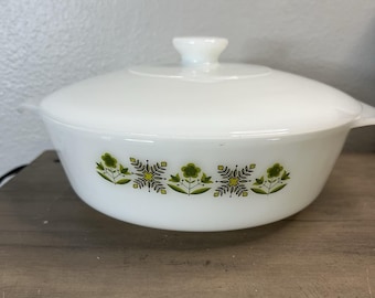 Vintage 437 Anchor Hocking Fire King Meadow Green Casserole Dish W/Lid 1.5 Qt