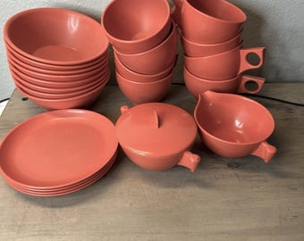 Vintage Spaulding Ware Orange Melamine Dinnerware Set 23 Pc Retro Camping *READ