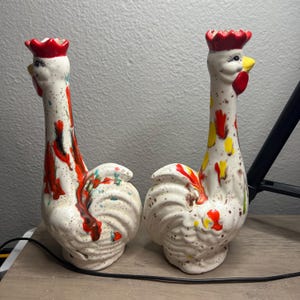 Vintage 1971 Hand-Painted Mid-Century Rooster Pair Splatter Glaze Ceramic Vases