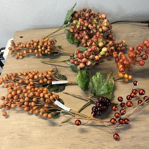 Vintage Lot 8 Artificial Berry Stems Red Orange Mixed Styles Fall Holiday Decor