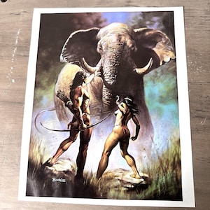May include: A print featuring a fantasy scene with two figures facing an elephant. The figures are holding a bow and arrow and a snake. The background is a lush, green forest with a large elephant in the center.
