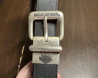 Vintage Harley-Davidson Black Leather Belt Antique Silver Buckle Mens 37"